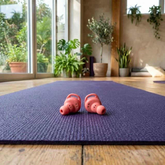 Bose Sport Earbuds II in a vibrant color on a yoga mat