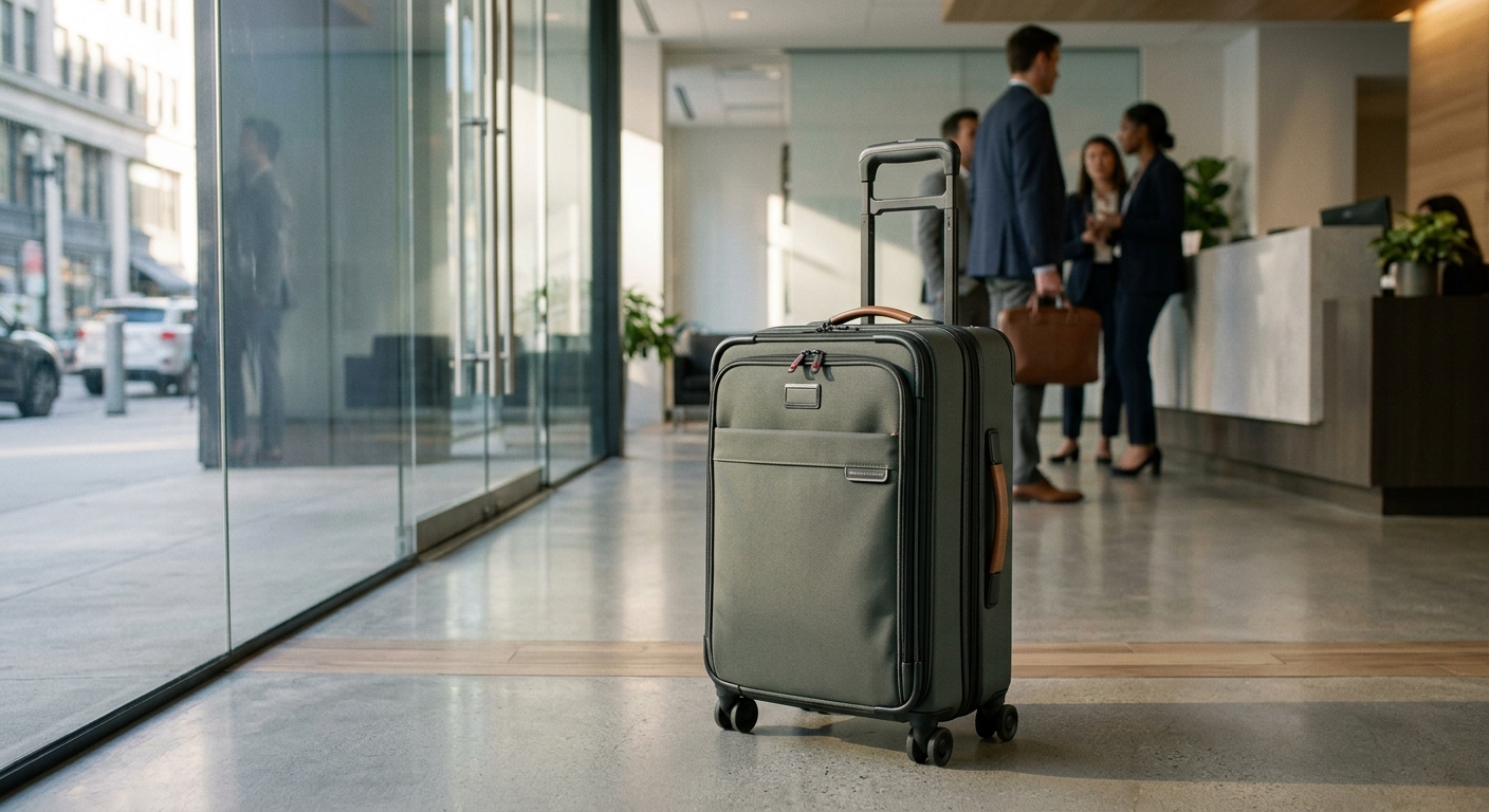Briggs & Riley Baseline suitcase in a corporate office setting