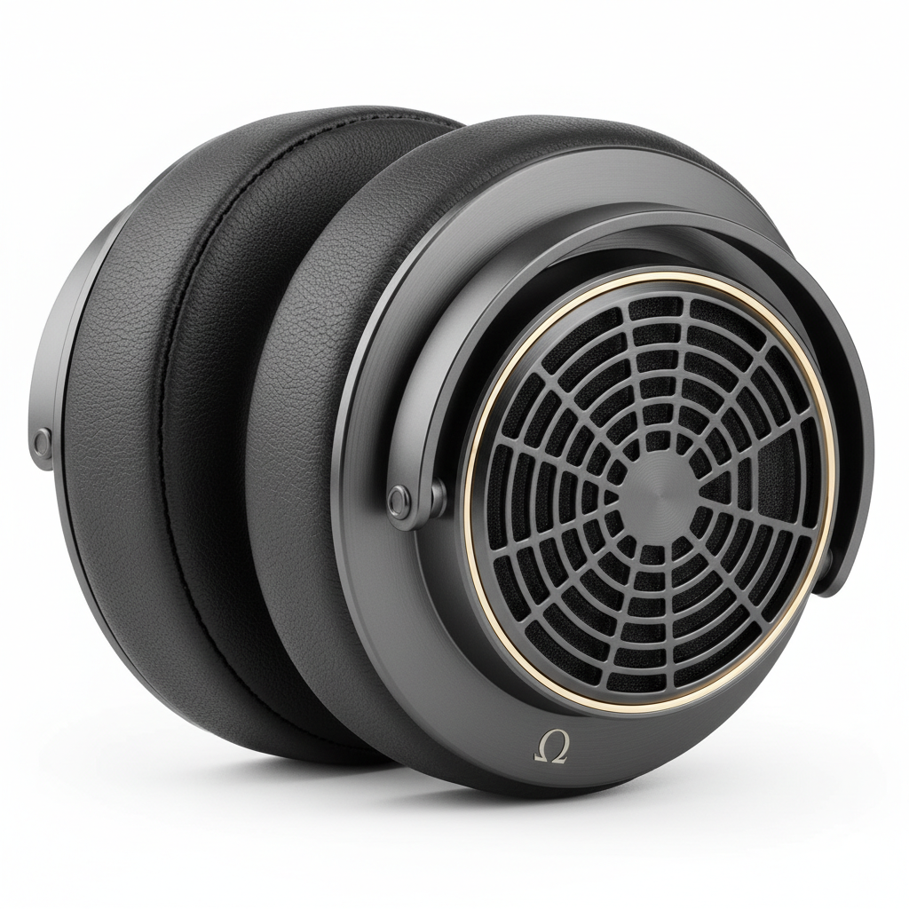 close-up of a headphone earcup, showing soft padding and intricate design