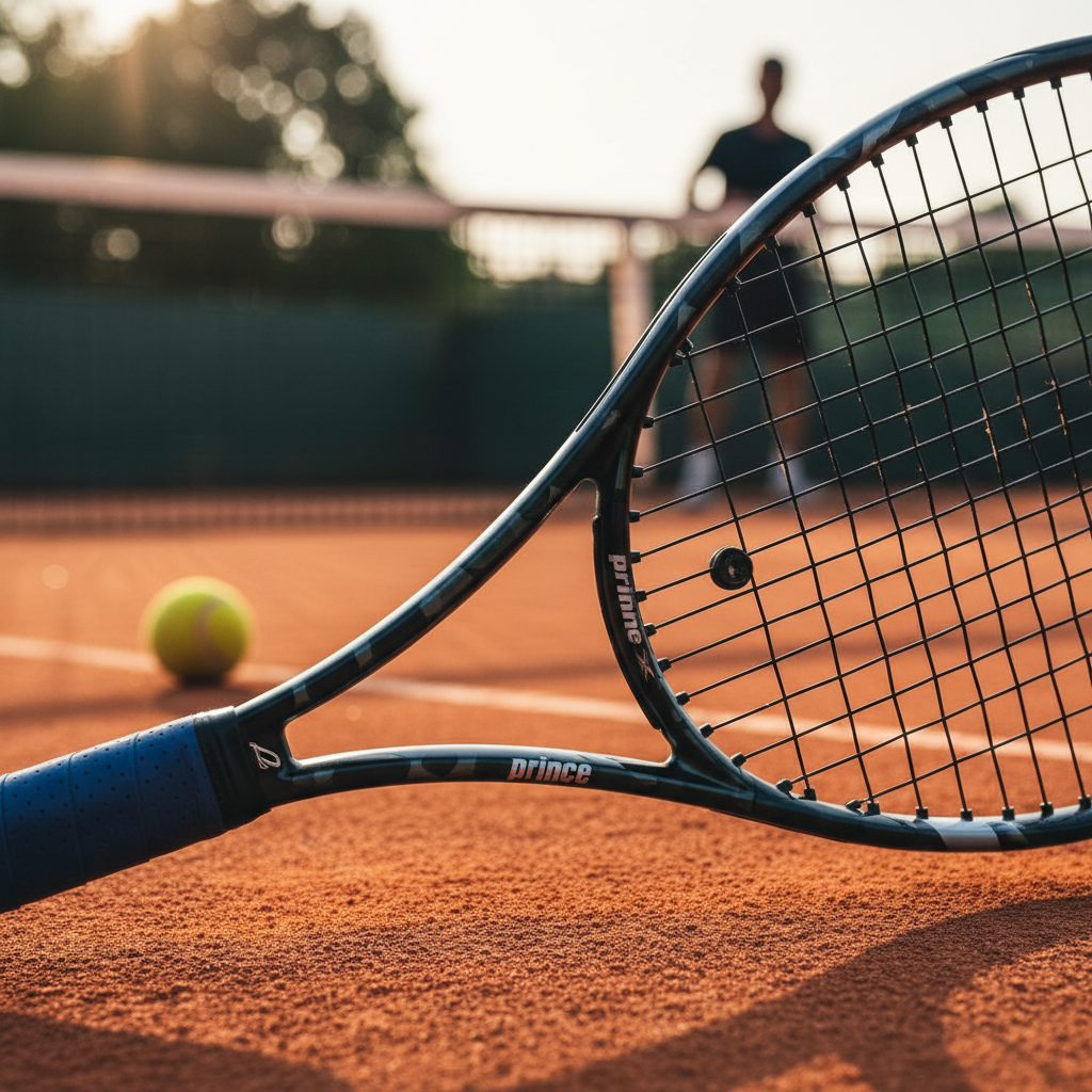 Close-up of a tennis racket's strings and throat area, highlighting the Prince Phantom 100X 2026