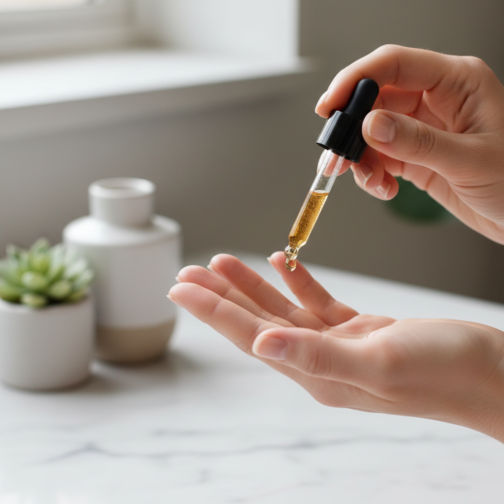 close-up of serum being dispensed onto fingertips