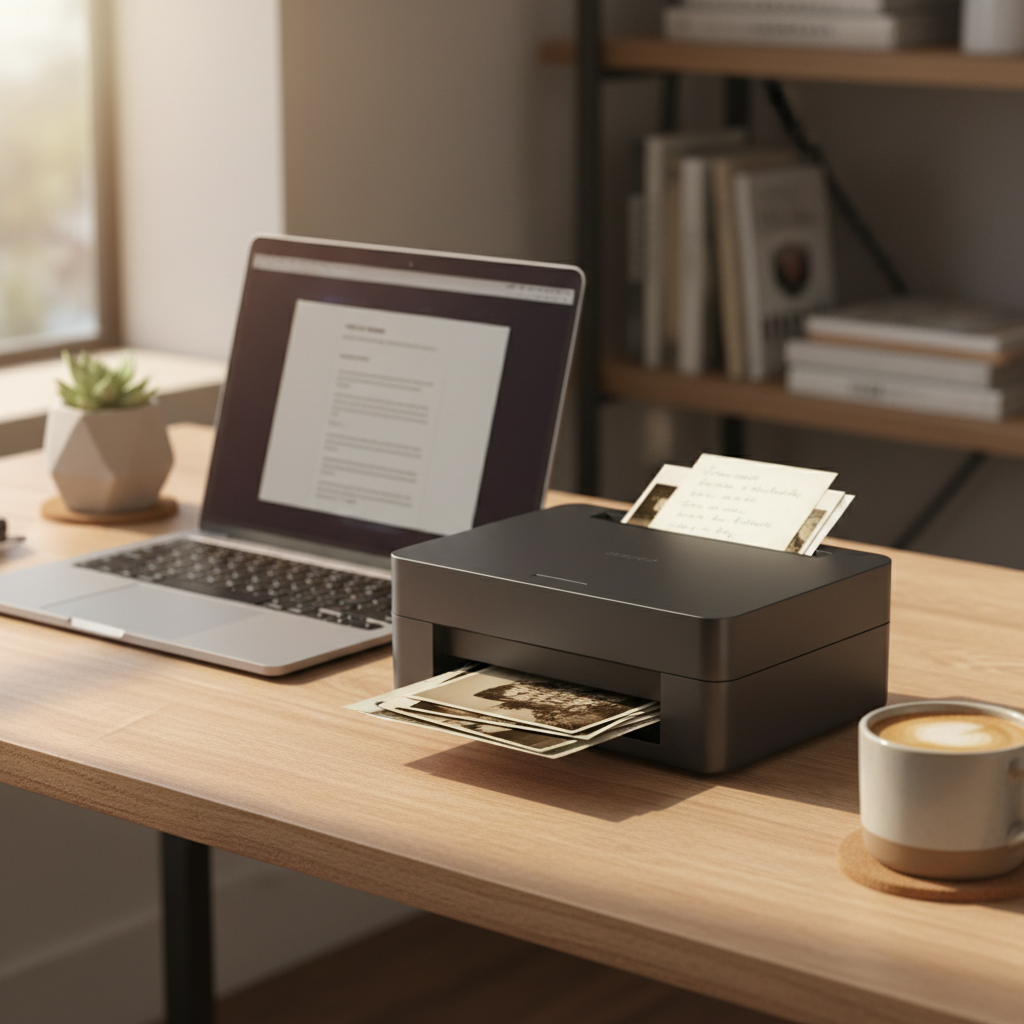 compact document scanner on a small desk next to a laptop