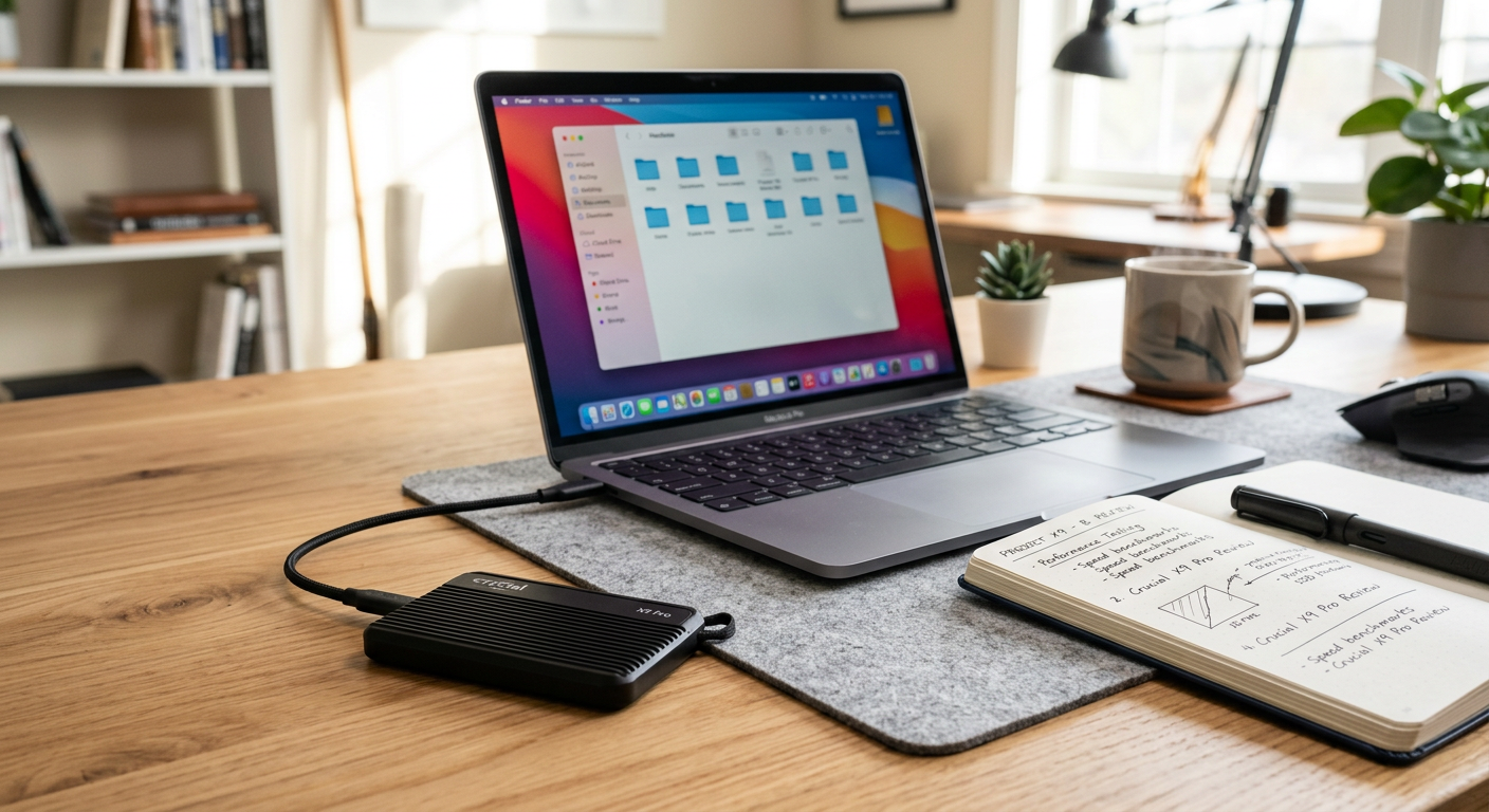 Crucial X9 Pro SSD on a desk with a laptop and notebook