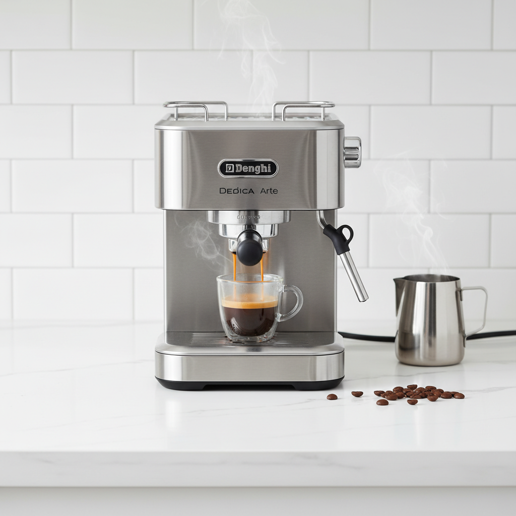 De'Longhi Dedica Arte espresso machine brewing coffee on a modern kitchen island