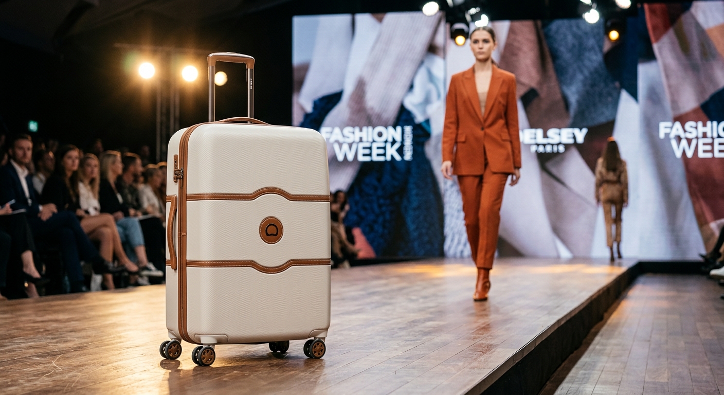 DELSEY Paris Chatelet suitcase on a fashion runway backdrop