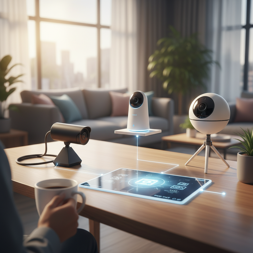 diagram illustrating different types of home security cameras (wired, wireless, pan-tilt)