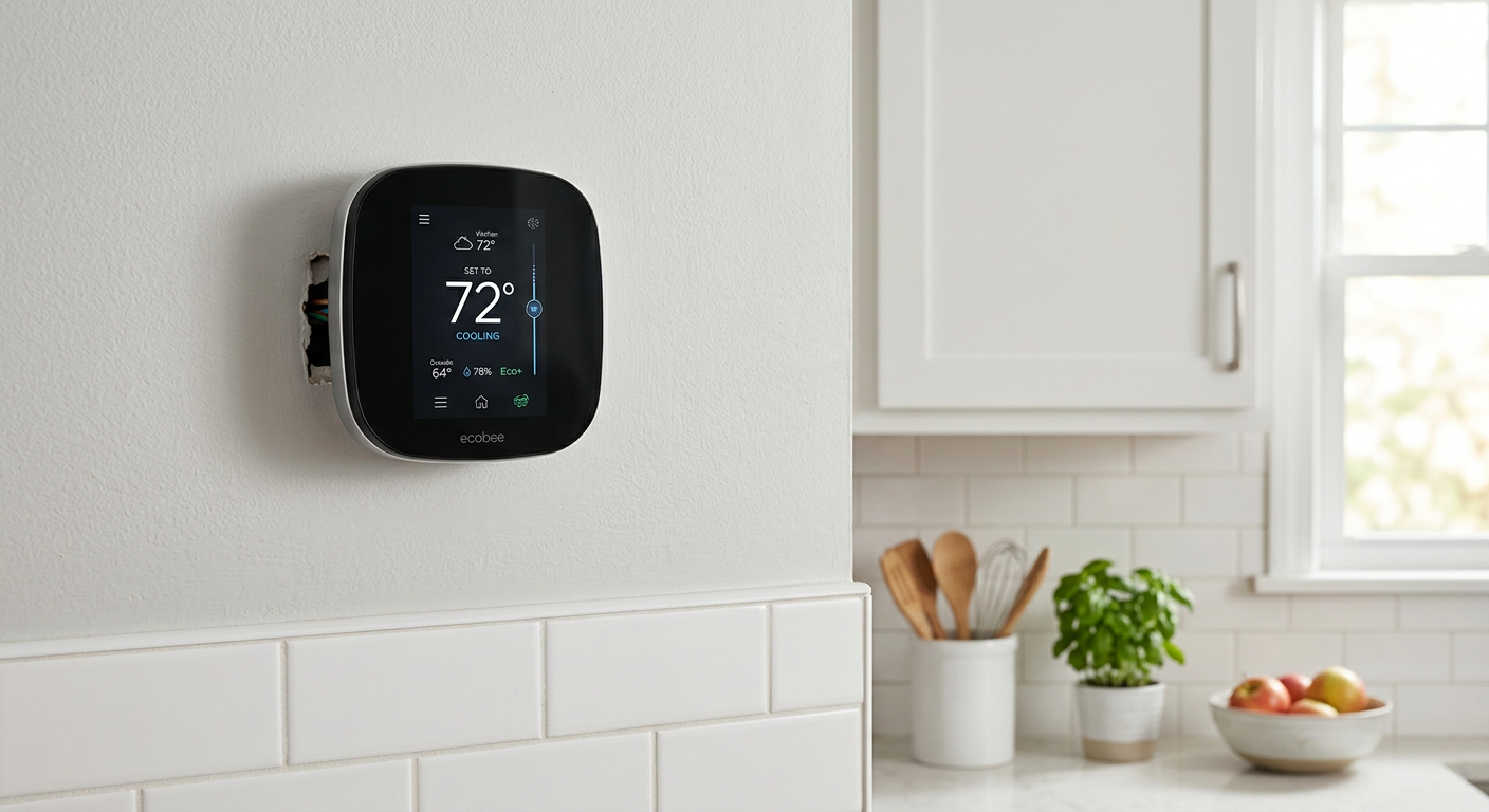 Ecobee SmartThermostat on a kitchen wall with digital display