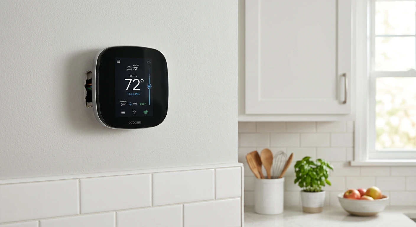 Ecobee SmartThermostat on a kitchen wall with digital display