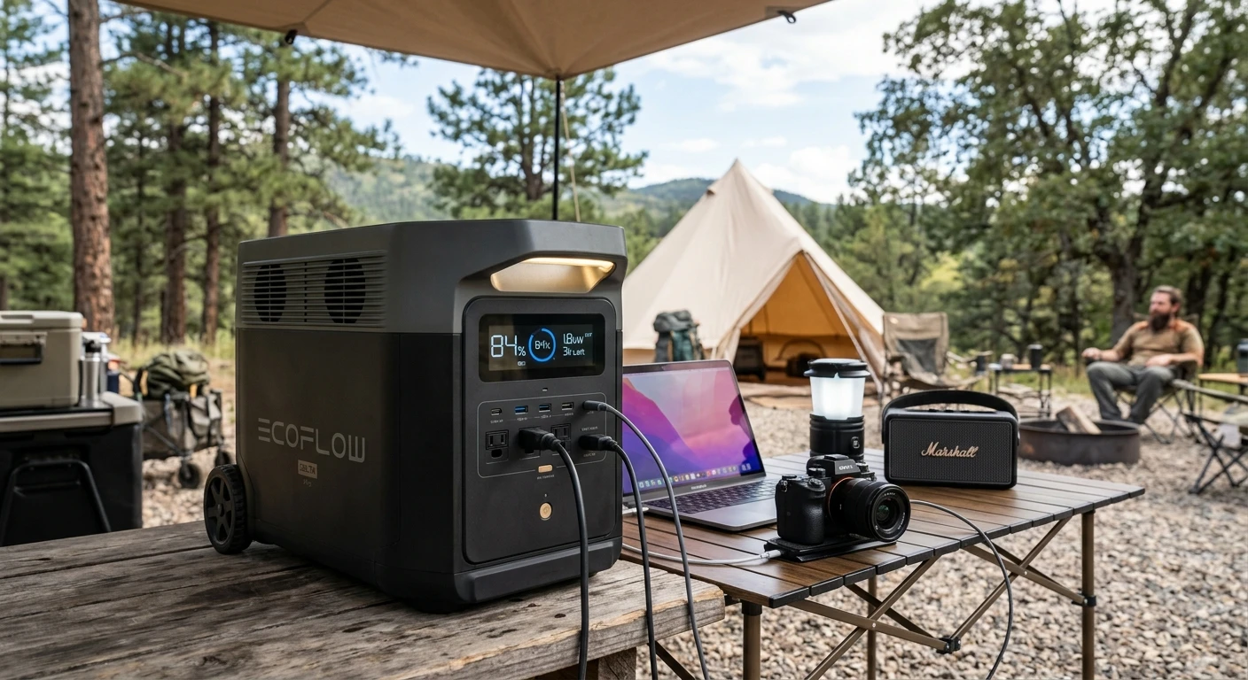 EcoFlow Delta Pro in a campsite setting, powering various devices