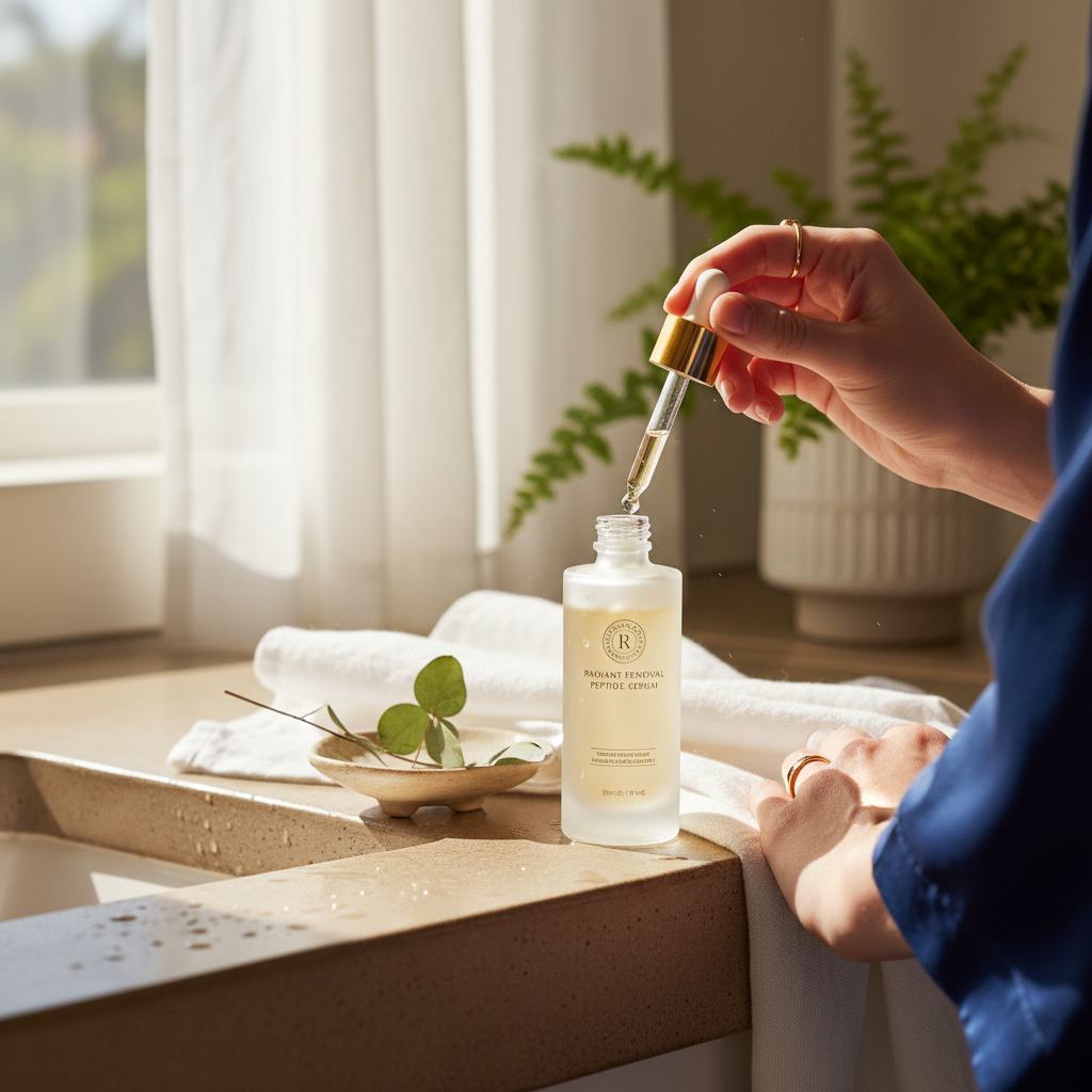 elegant bottle of Radiant Renewal Peptide Serum on a clean background