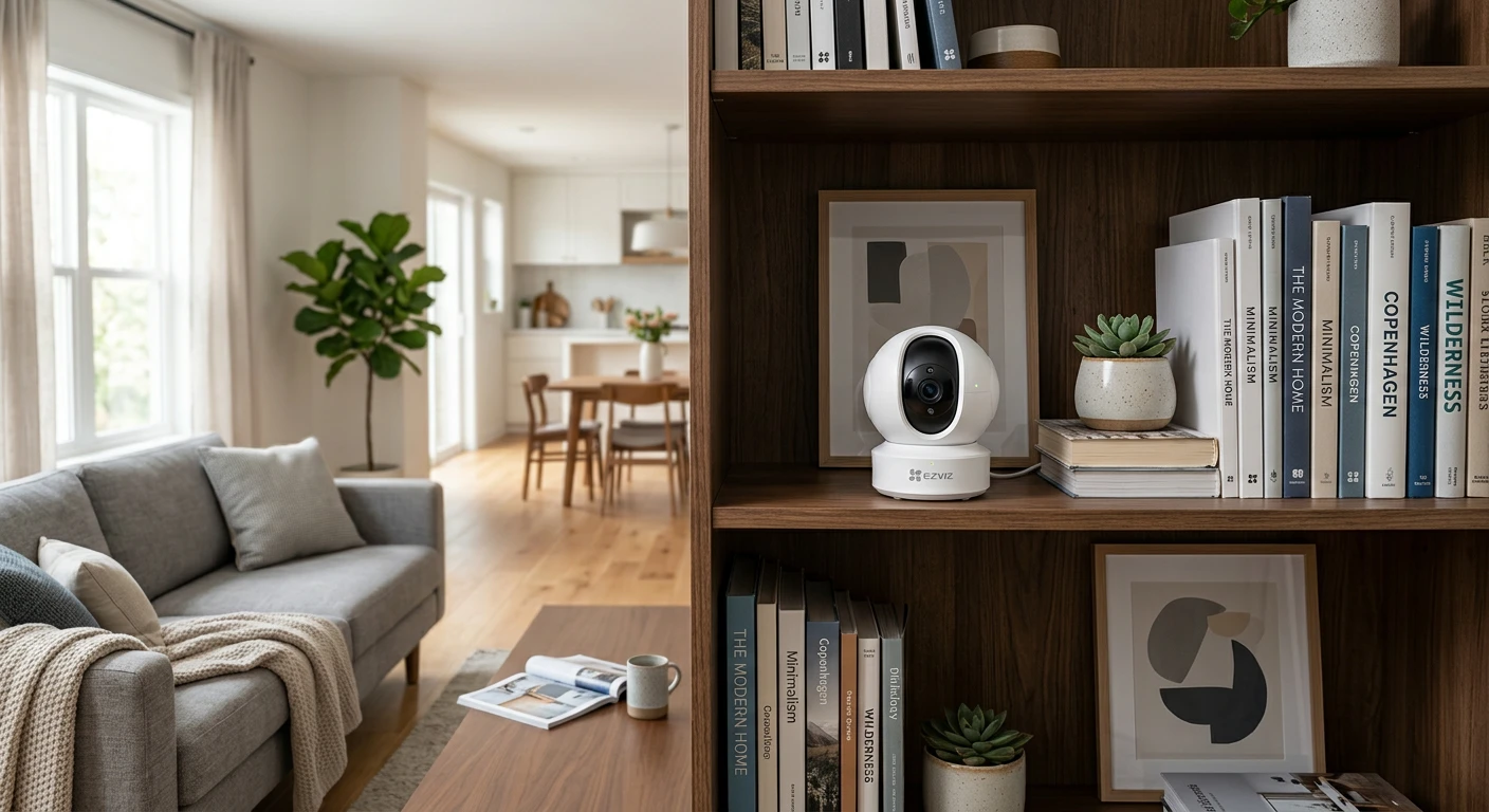 Ezviz C6CN on a bookshelf with a wide room view