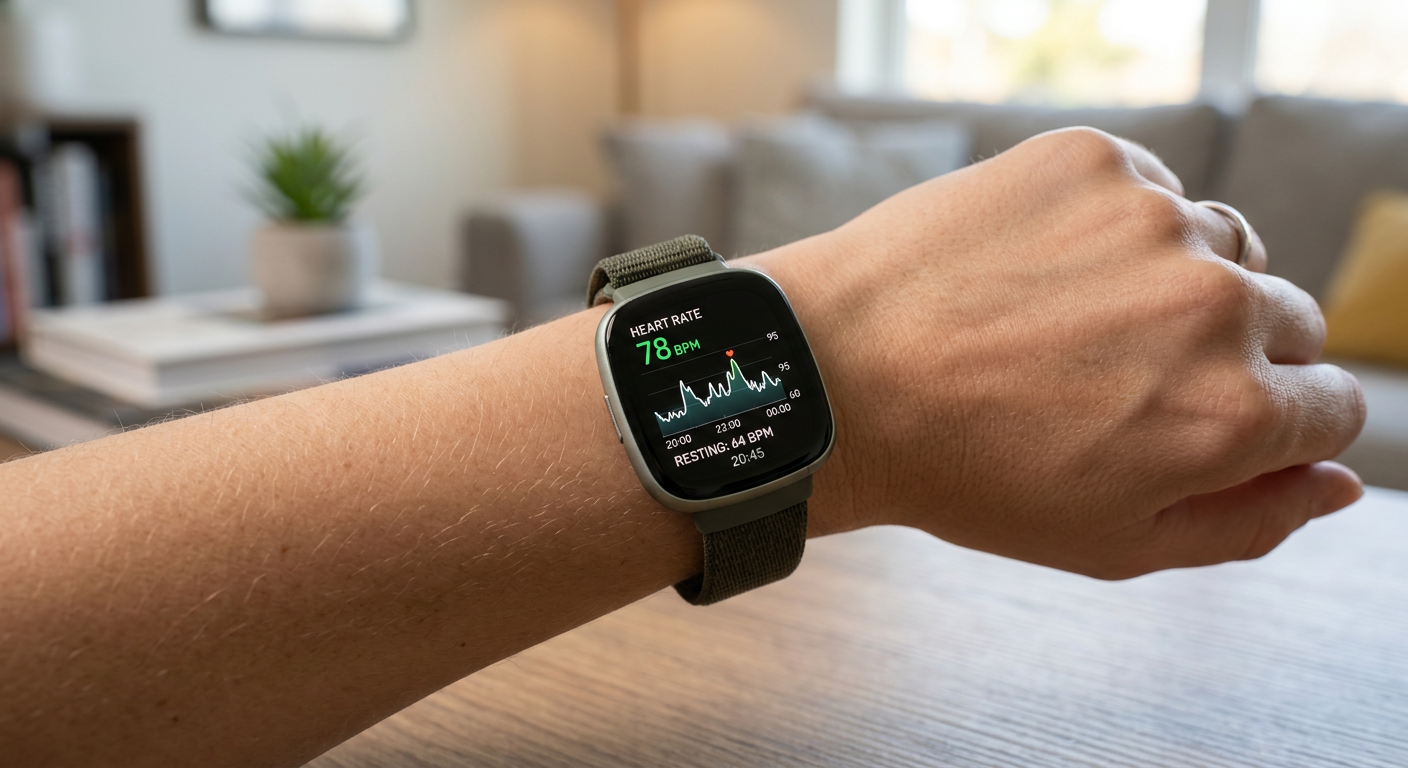 Fitbit Sense 3 showing heart rate graph on a wrist