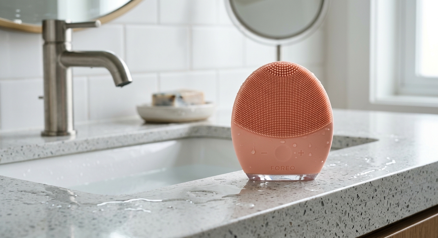 Foreo Luna 4 device with water droplets on a bathroom sink