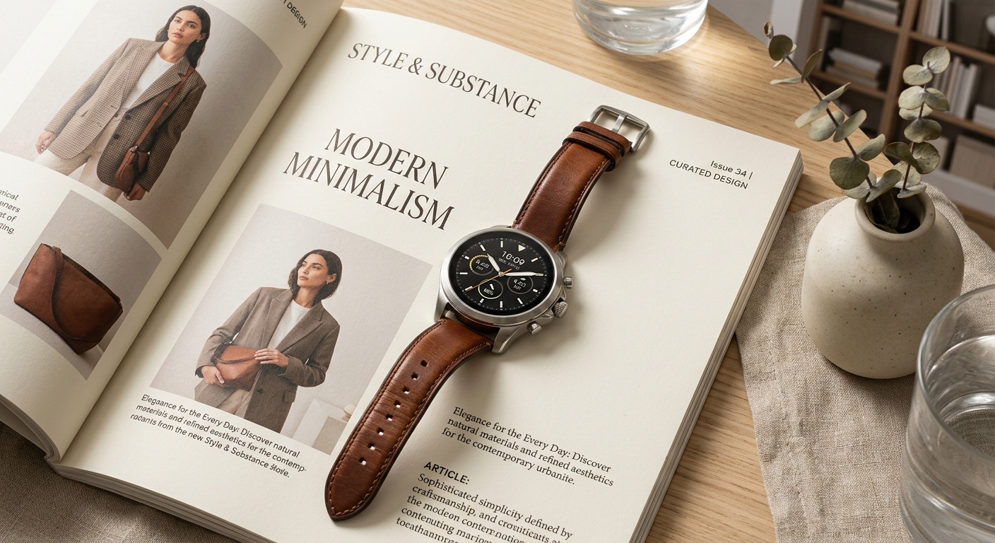 Fossil Gen 7 with leather strap on a fashion magazine