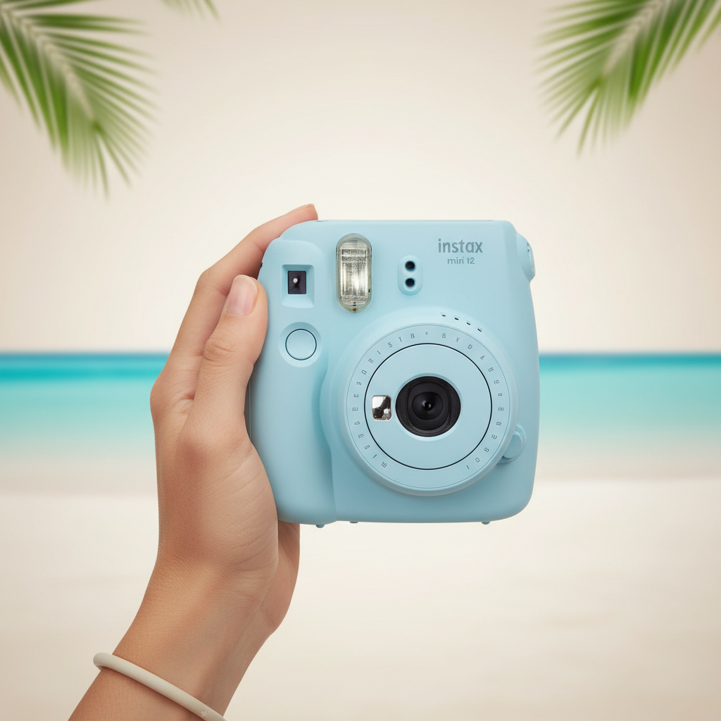 Fujifilm Instax Mini 12 camera in a vibrant color, held by a person on a beach