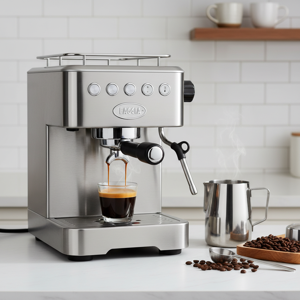 Gaggia Classic Pro espresso machine on a kitchen counter with a fresh shot of espresso