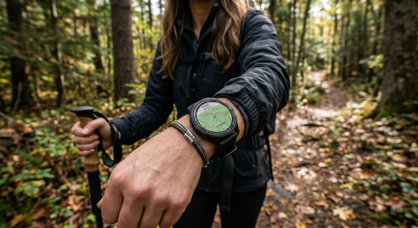 Garmin Venu 3 with map display in a forest setting