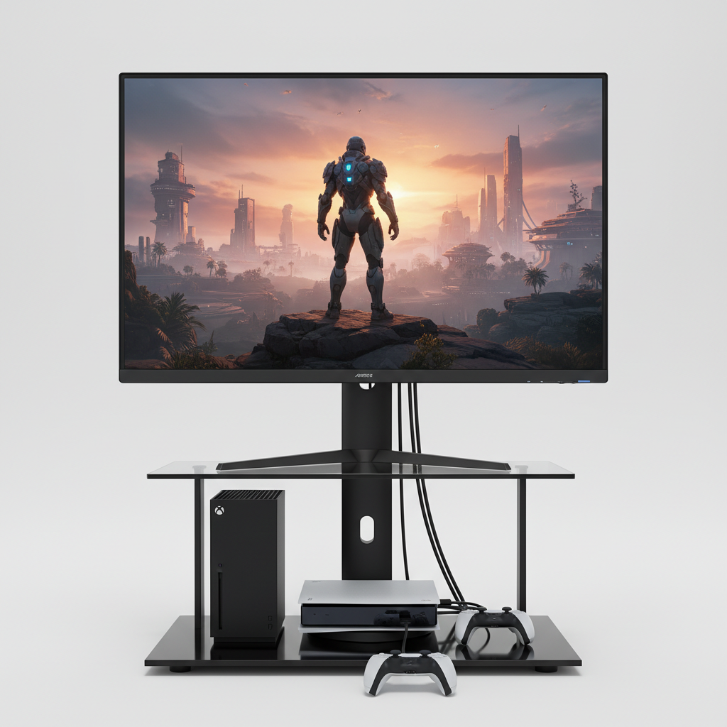 Gigabyte AORUS FO48U-S on a TV stand, connected to a gaming console