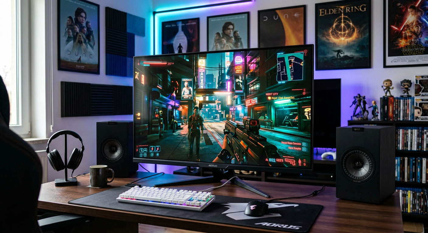 Gigabyte AORUS FV43U as a centerpiece in a gaming and media room