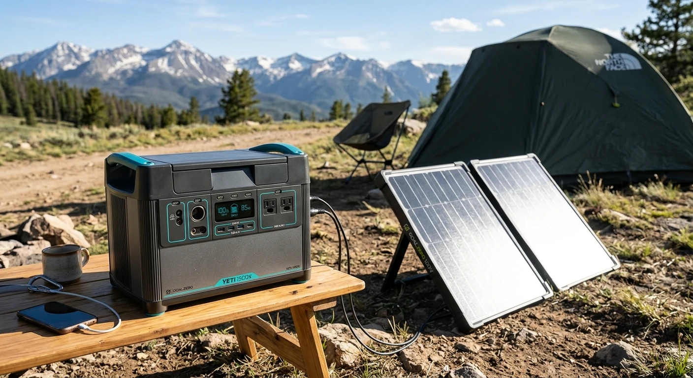 Goal Zero Yeti 1500X with solar panels set up in a sunny camping spot