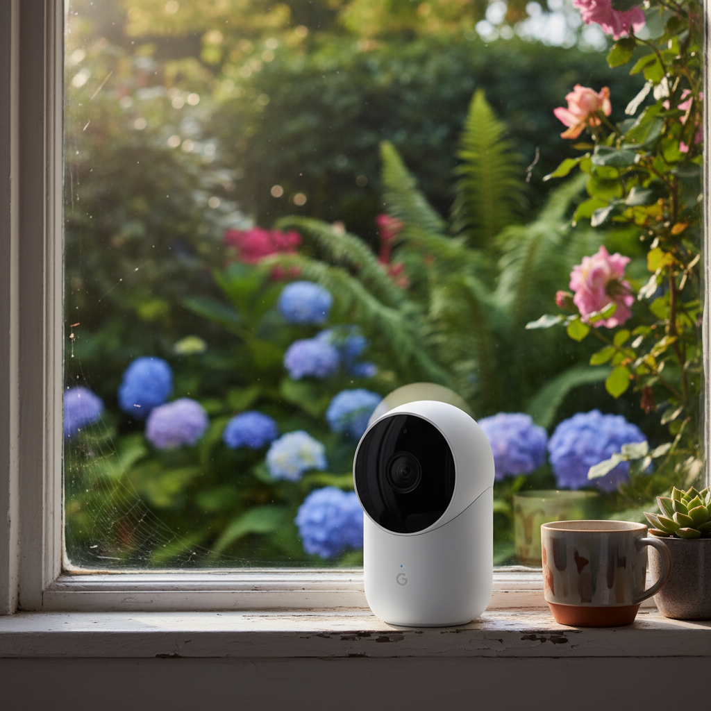 Google Nest Cam (Battery) positioned on a windowsill overlooking a garden
