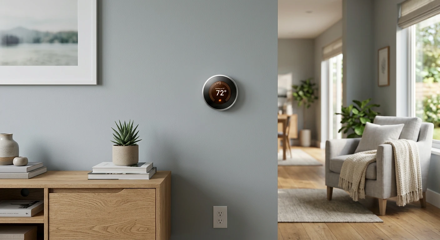 Google Nest Thermostat installed in a modern living room