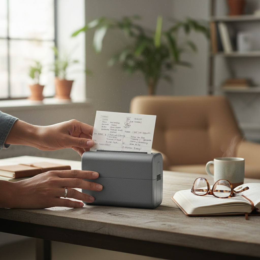hands operating a small, low-budget document scanner