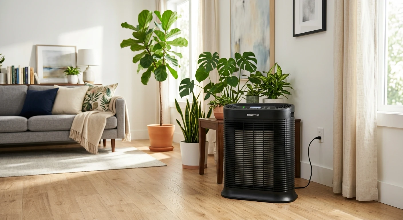 Honeywell HPA300 in a sunny living room with houseplants