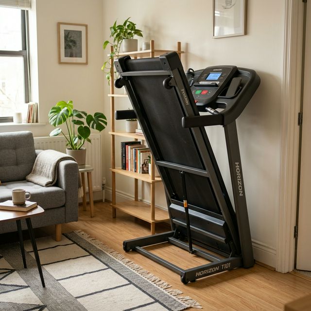 Horizon T101 treadmill in a small apartment setting