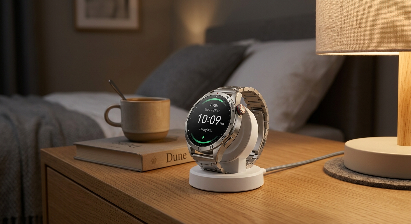 Huawei Watch GT 4 on a nightstand with charging dock