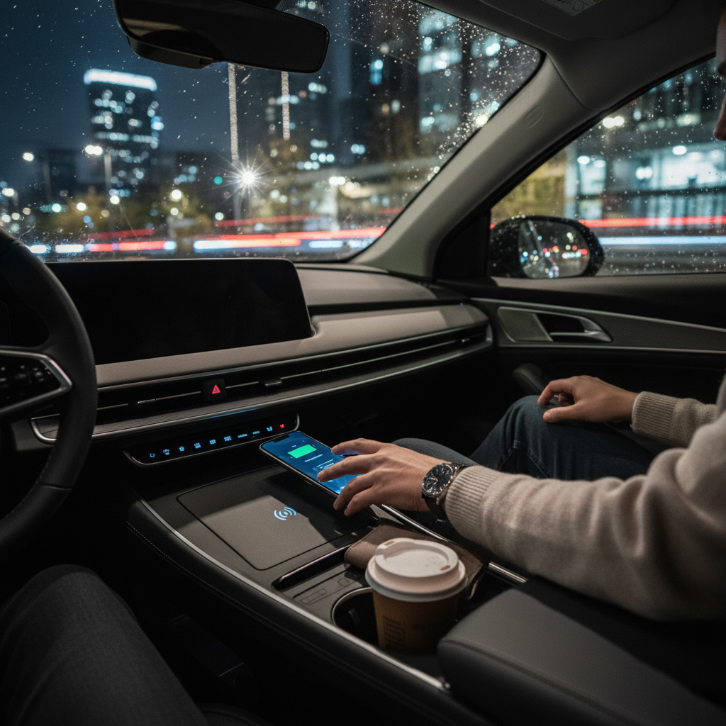 interior view of a car at night, captured by a dash cam with IR
