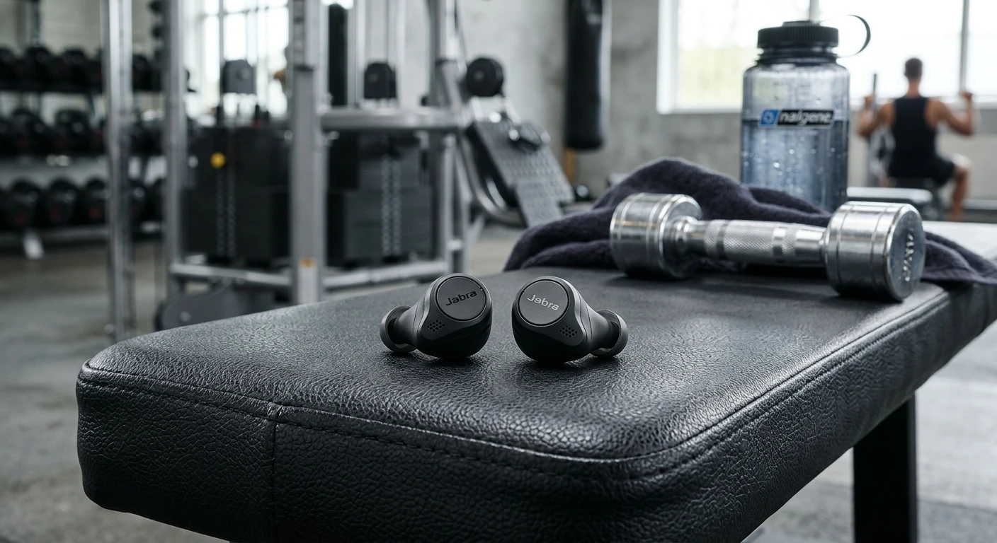 Jabra Elite 8 Active earbuds on a gym bench with workout equipment