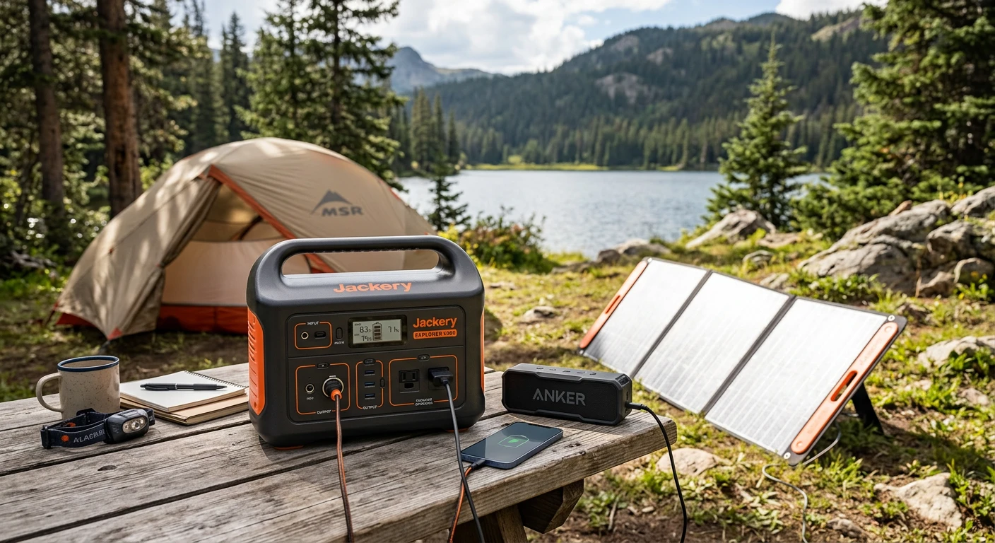 Jackery Explorer 1000 in use at a camping site, connected to a solar panel