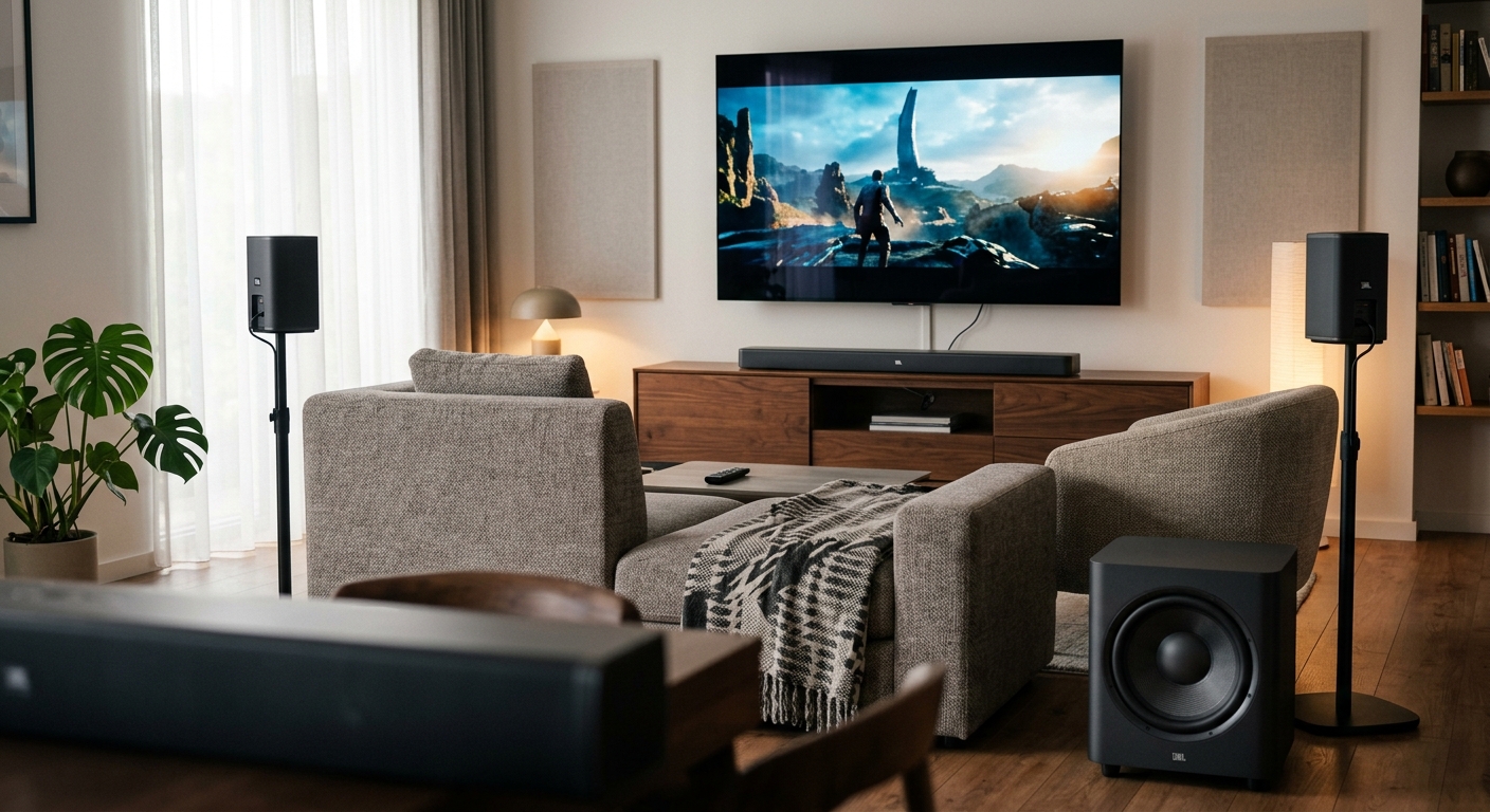 JBL Bar 9.1 soundbar with detachable speakers in an elegant home theater setup