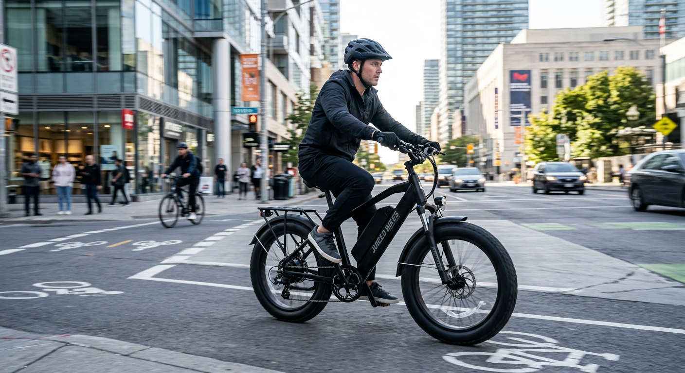 Juiced Bikes RipCurrent S speeding through an urban setting