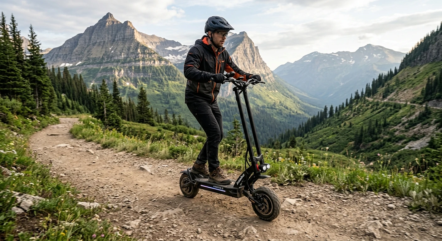 Kaabo Mantis V2 on a dirt trail in the mountains