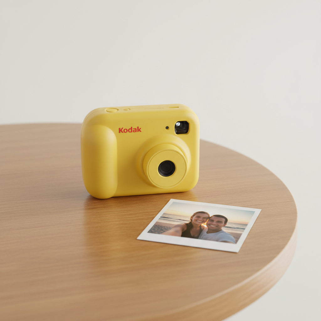 Kodak Printomatic camera next to a printed photo, both on a cafe table