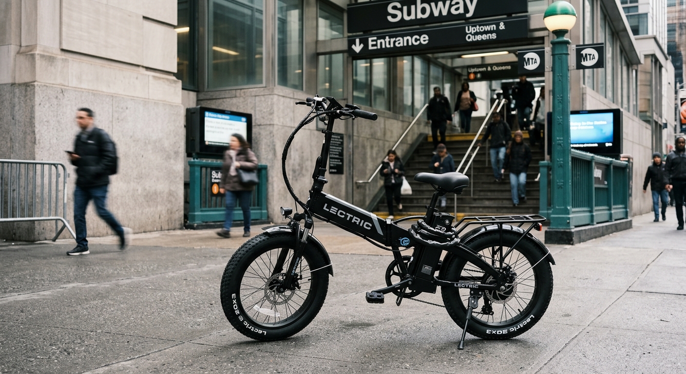 Lectric XP 3.0 folded in front of a subway entrance