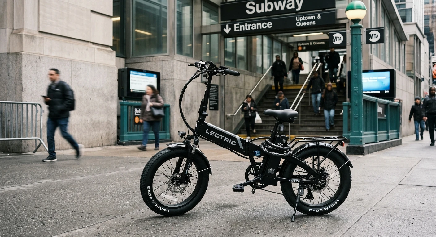 Lectric XP 3.0 folded in front of a subway entrance