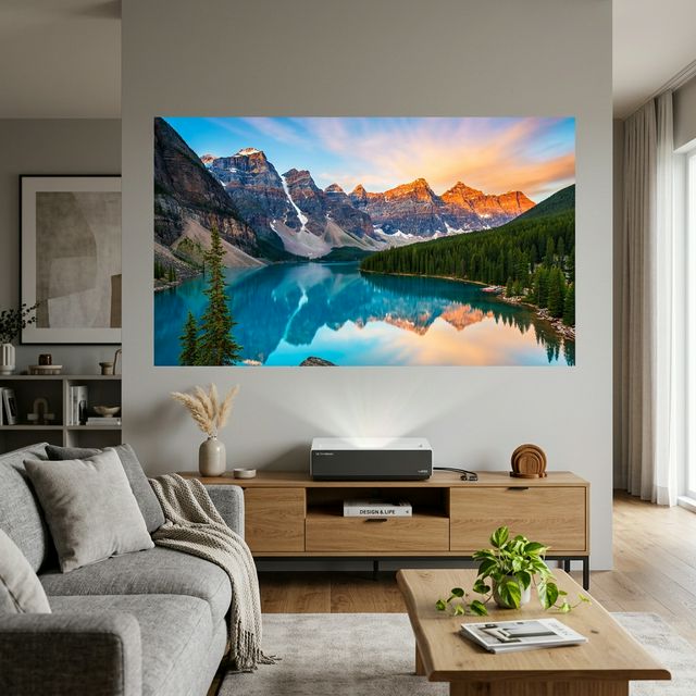 LG HU85LA projecting a large screen in a compact living room