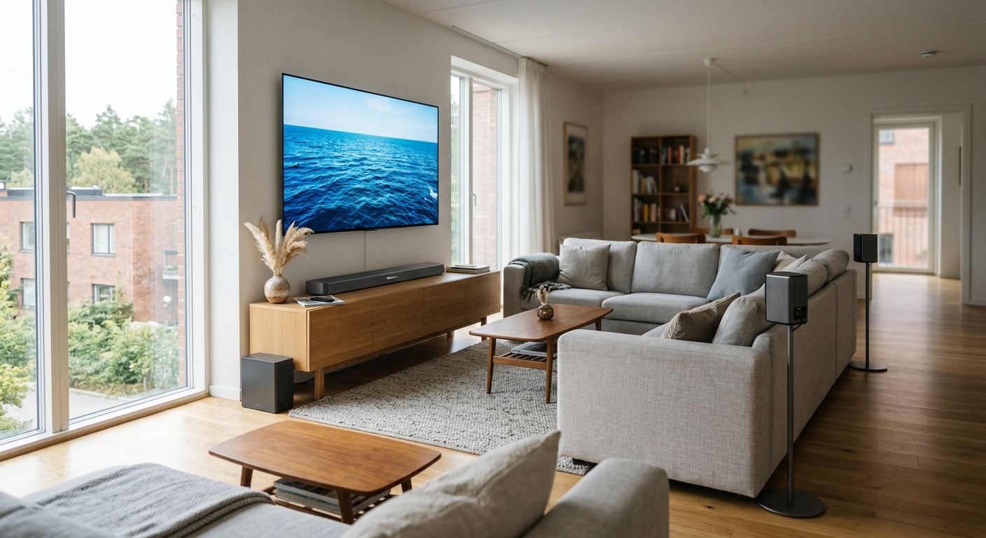 LG SP11RA soundbar with rear speakers in a large, open-plan living room