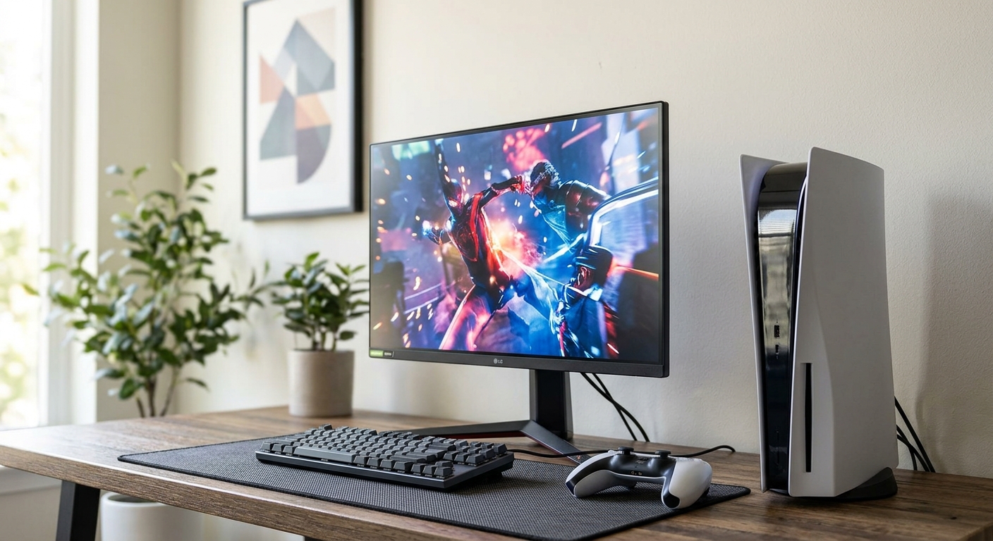 LG UltraGear 27GP950 alongside a PS5 console