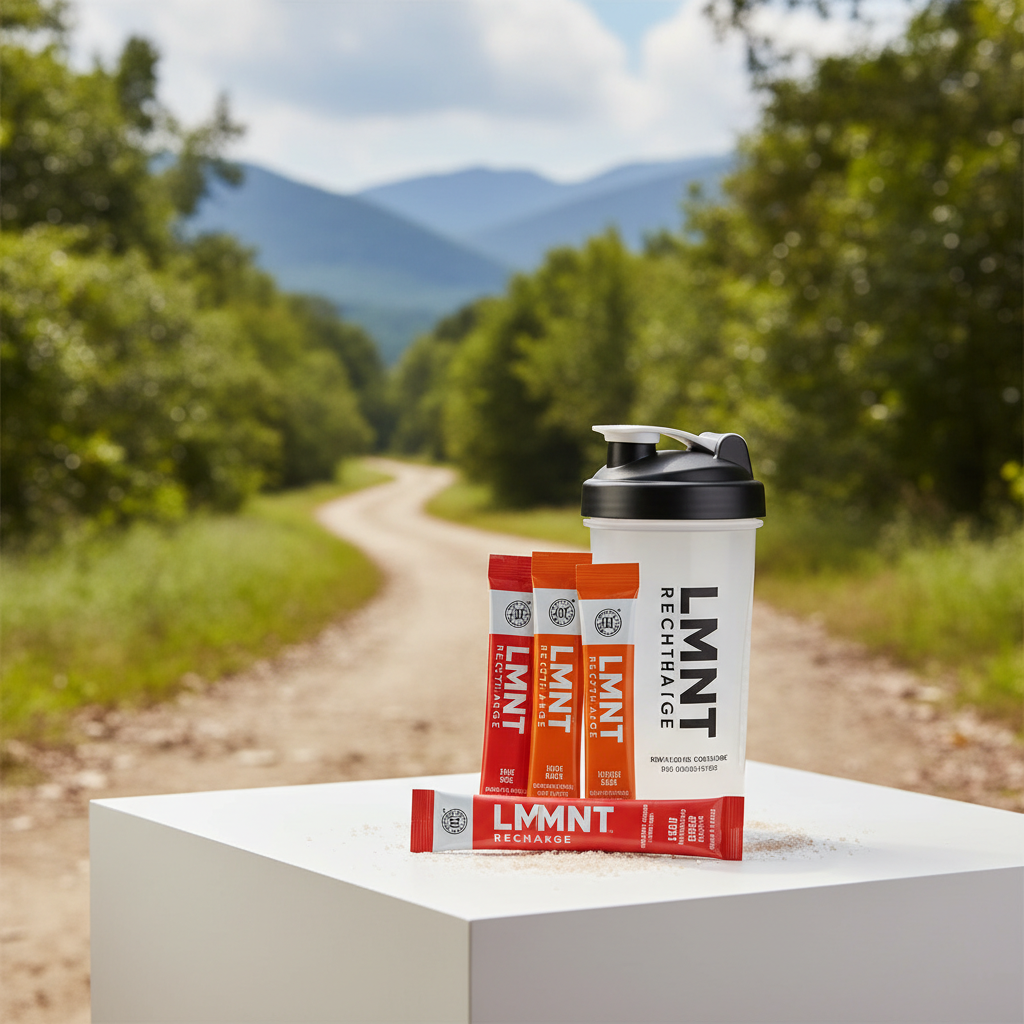 LMNT Recharge stick packs and a shaker bottle during an outdoor run