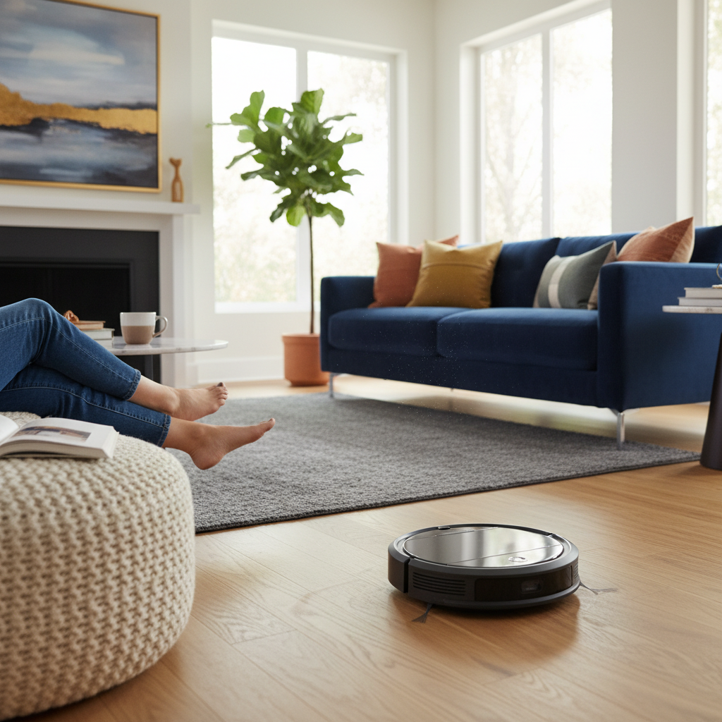 modern robot vacuum at work in a stylish living room