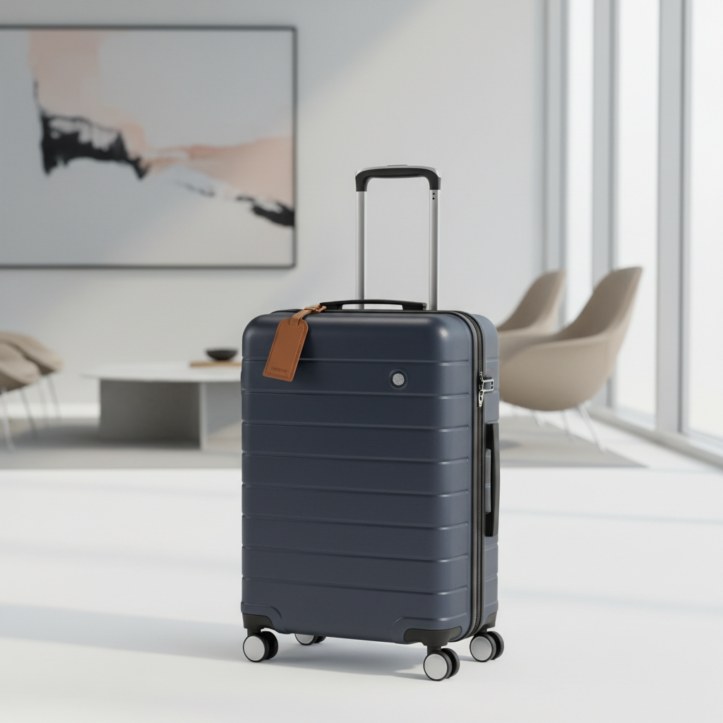 Monos Carry-On Plus luggage in a modern airport lounge