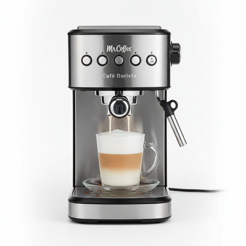 Mr. Coffee Cafe Barista making a latte in a mug