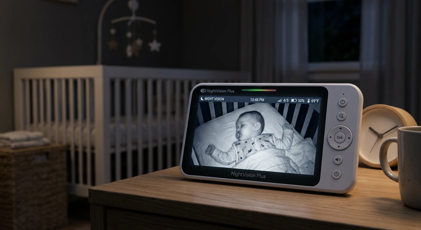 NightVision Plus baby monitor display showing infrared image of a baby sleeping