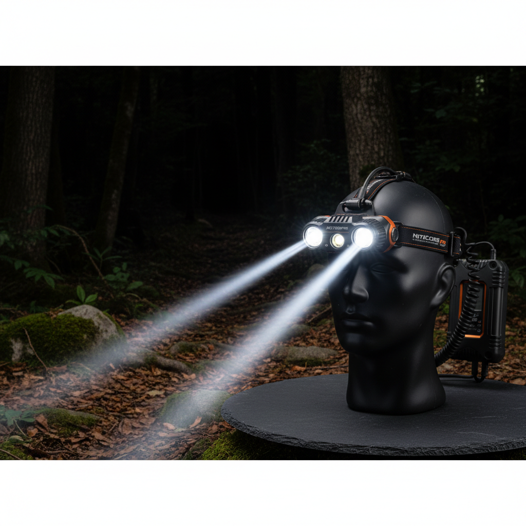 NiteCore HC7000 Pro headlamp illuminating a dark forest path