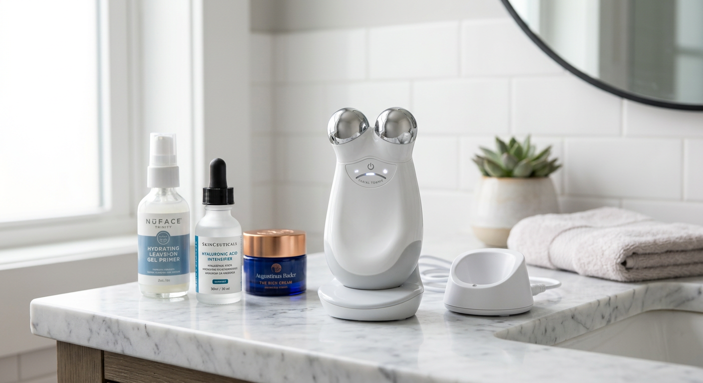 NuFace Trinity device on a marble countertop with skincare products