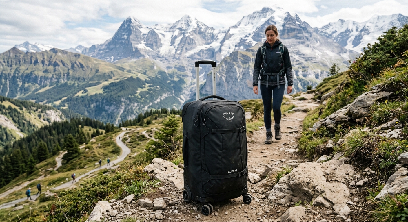 Osprey Ozone Wheeled Carry-On suitcase on a mountain trail